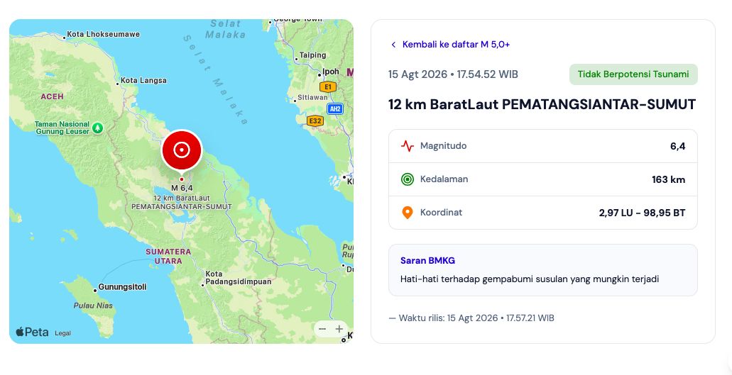 Gempa bumi mengguncang Pematang Siantar, Sumatra Utara dengan kekuatan 6,4 Magnitudo dengan kedalaman 163 km pada Sabtu (15/8/2026). (Dok. BMKG)