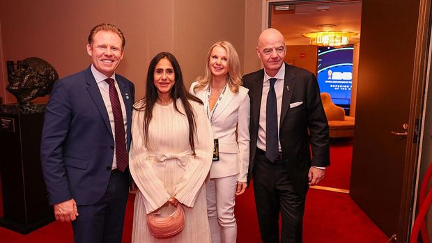 WASHINGTON, DC - DECEMBER 5: (L-R) Andrew Giuliani, Leena Al Ashqar, ivil Rezgyt and FIFA President Gianni Infantino during the FIFA World Cup 2026 official draw at John F. Kennedy Center for the Performing Arts on December 5, 2025 in Washington, DC. (Photo by Tasos Katopodis - FIFA/FIFA via Getty Images)