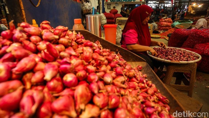 Buruh perempuan mengupas kulit bawang merah di Pasar Induk Kramat Jati, Jakarta, Sabtu (15/8/2026). Sejak pukul 08.00 WIB, para buruh sudah mulai bekerja mengupas dan memotong bawang merah sesuai pesanan pelanggan.