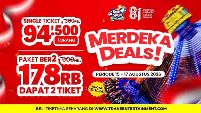 Rayakan HUT Kemerdekaan ke-81 di Trans Studio Bandung dengan promo MERDEKA DEALS! Nikmati diskon hingga 65% untuk tiket masuk dan wahana seru.