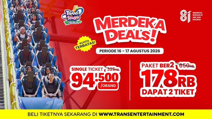 Trans Studio Cibubur menyiapkan promo MERDEKA DEALS mulai 15 sampai 17 Agustus 2026 yang cocok banget buat liburan sekeluarga. Single ticket dari Rp300.000 kini jadi Rp94.500 per orang, sementara paket berdua cukup Rp178.000 untuk dua tiket.
