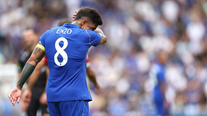 LONDON, ENGLAND - AUGUST 15: Enzo Fernandez of Chelsea reacts during the pre-season friendly match between Chelsea and Real Sociedad  at Stamford Bridge on August 15, 2026 in London, England. (Photo by Ryan Pierse/Getty Images)