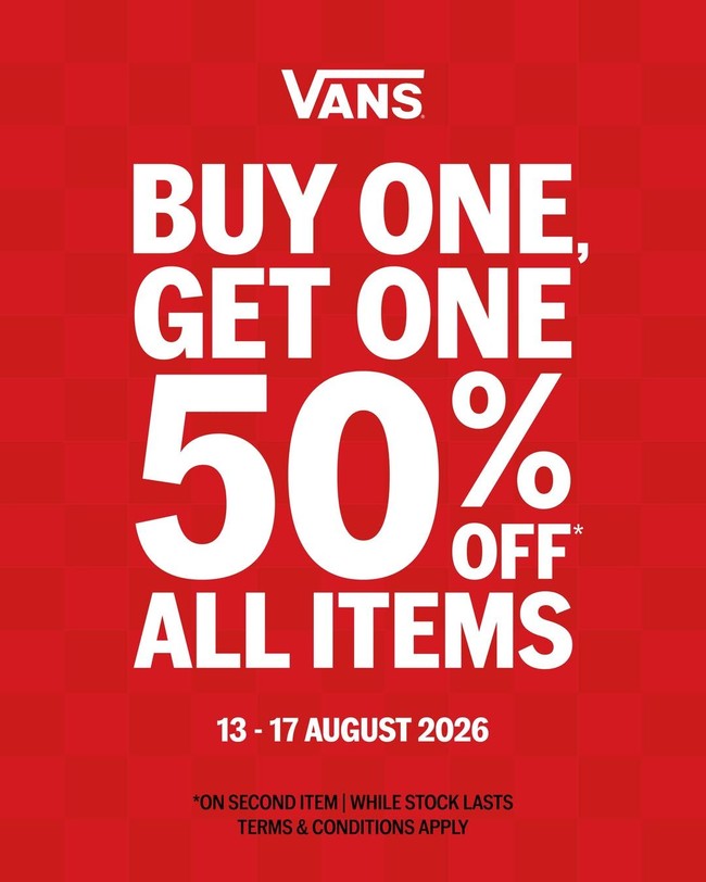 Butuh sepatu? Jangan lewatkan penawaran menarik dari Vans. Sampai hari ini saja, kamu bisa mendapat Buy 1 Get 1 dan diskon 50% all item. Foto: Instagram