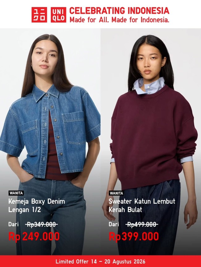 Uniqlo yang memberi diskon khusus sampai 20 Agustus, t-shirt, celana jeans, jaket, kemeja, dan pakaian dalam bisa didapatkan dengan harga miring.Foto: Instagram