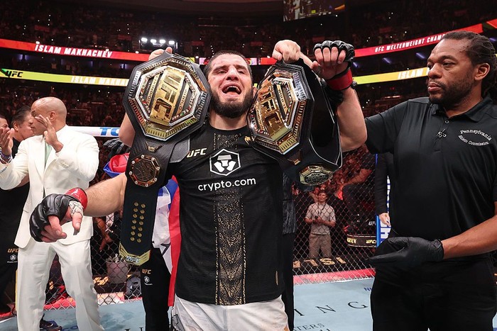 PHILADELPHIA, PENNSYLVANIA - AUGUST 15: Islam Makhachev of Russia reacts after a victory against Ian Machado Garry of Ireland in the UFC welterweight championship fight during the UFC 330 event at Xfinity Mobile Arena on August 15, 2026 in Philadelph