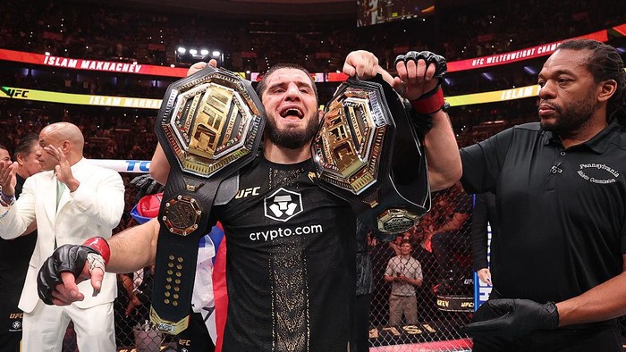 PHILADELPHIA, PENNSYLVANIA - AUGUST 15: Islam Makhachev of Russia reacts after a victory against Ian Machado Garry of Ireland in the UFC welterweight championship fight during the UFC 330 event at Xfinity Mobile Arena on August 15, 2026 in Philadelphia, Pennsylvania. (Photo by Ed Mulholland/Zuffa LLC)