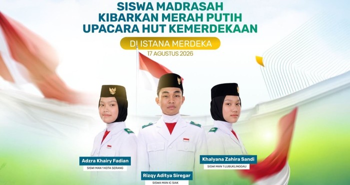 Tiga siswa madrasah dari Riau, Banten, dan Sumatera Selatan berhasil terpilih sebagai anggota Pasukan Pengibar Bendera Pusaka (Paskibraka) tingkat pusat 2026. Mereka membawa nama daerah dan madrasah masing-masing dalam upacara peringatan HUT ke-81 Kemerdekaan Republik Indonesia di Istana Merdeka.