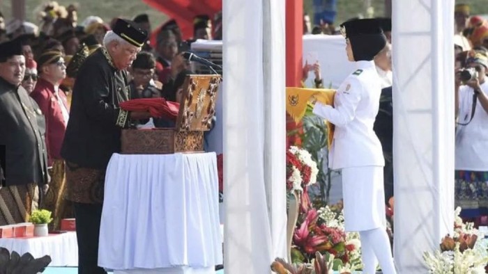 Basuki Hadimuljono selaku Kepala Otorita Ibu Kota Nusantara (OIKN) memimpin upacara peringatan HUT ke-81 RI di IKN. Foto: ANTARA FOTO/Angga Palguna