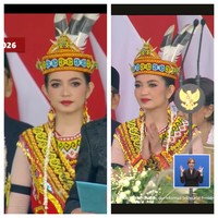 Warna kuning dan merah yang mendominasi busana Selvi Ananda juga memiliki makna tersediri dalam adat suku Dayak. Warna kuning melambangkan keagungan, kejayaan, kemegahan, dan kehormatan. Sedangkan warna merah mewakili solidaritas dan keberanian untuk mempertahankan kebenaran.  Foto: Dok. Instagram, 20detik, YouTube Setpres. Setwapres