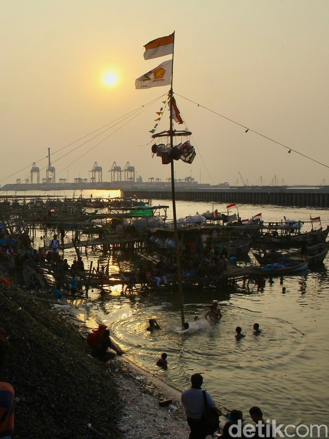 Keseruan Warga Kampung Kerang Panjat Pinang di Tepi Laut
