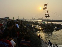 Keseruan Warga Kampung Kerang Panjat Pinang di Tepi Laut