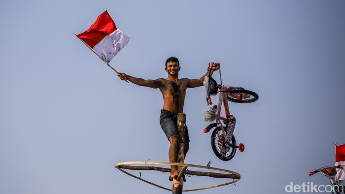 Ratusan peserta mengikuti panjat pinang kolosal di kawasan Ancol, Jakarta Utara, Senin (17/8/2026), dalam rangka memperingati Hari Ulang Tahun (HUT) ke-81 Republik Indonesia. Sebanyak 50 pohon pinang disiapkan dalam kegiatan yang melibatkan sekitar 300 peserta dari berbagai kalangan. Puluhan pohon pinang tersebut berdiri berjajar dan menjadi pusat perhatian pengunjung.