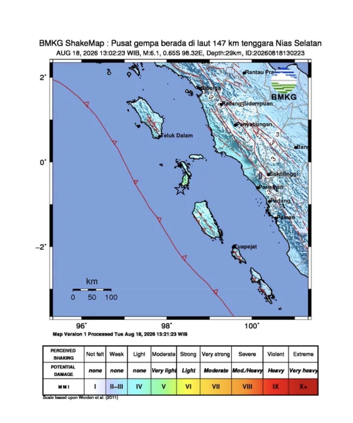 Gempa Nias Selatan M 6,1, Selasa, 18/8. (BMKG) Gempa Nias Selatan M 6,1, Selasa, 18/8. (BMKG)