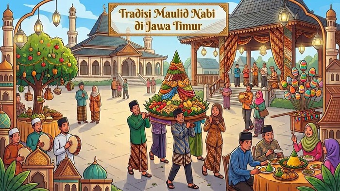 Ilustrasi tradisi Maulid Nabi Muhammad SAW di Jawa Timur.