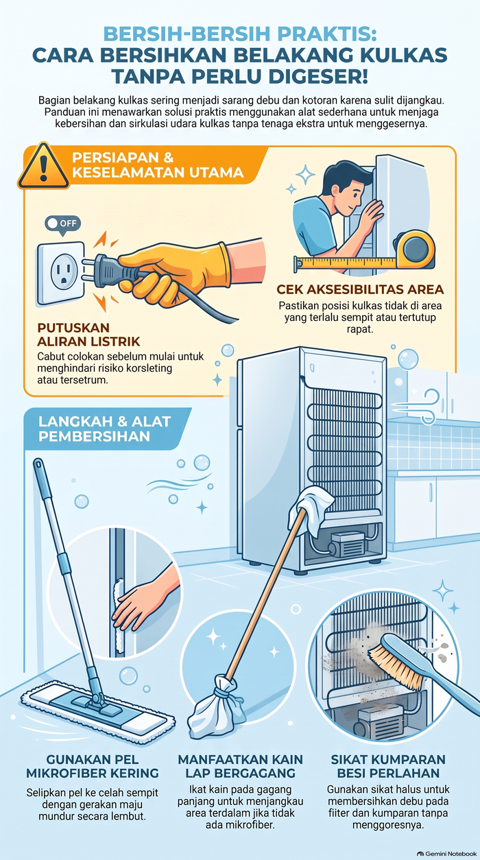 Infografis cara membersihkan bagian belakang kulkas