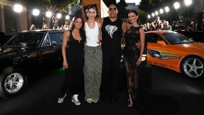 LOS ANGELES, CALIFORNIA - AUGUST 17: (L-R) Michelle Rodriguez, Meadow Walker, Vin Diesel, and Jordana Brewster  attend a Special Fast And The Furious 25th Anniversary Screening Presented by Universal Pictures at Westwood Village Theater on August 17, 2026 in Los Angeles, California. (Photo by Unique Nicole/Getty Images for Universal Pictures)