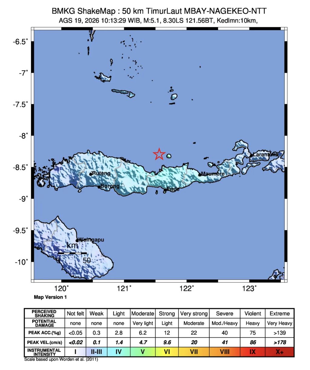 Hari Rabu, 19 Agustus 2026, pukul 10:13:28 WIB wilayah Flores, Nusa Tenggara timur diguncang gempa bumi tektonik. Hasil analisis BMKG menunjukkan gempa bumi ini memiliki parameter update dengan magnitudo M5.1 pada kedalaman 10 km.  (Dok BMKG)