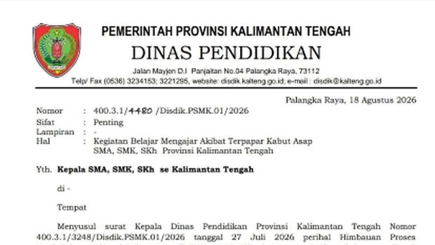 Surat Edaran Dinas Pendidikan Kalimantan Tengah terkait kabut asap Surat Edaran Dinas Pendidikan Kalimantan Tengah terkait kabut asap.