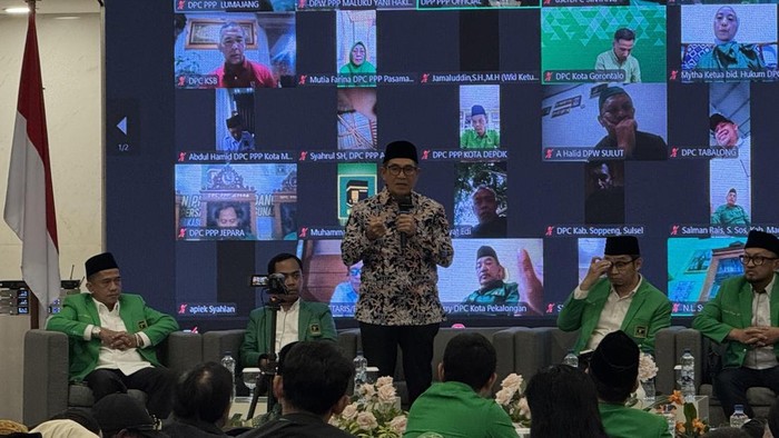 Hamdan Zoelva di Rakornas Bidang Hukum PPP di kawasan Gambir, Jakarta Pusat, Kamis (20/8/2026).