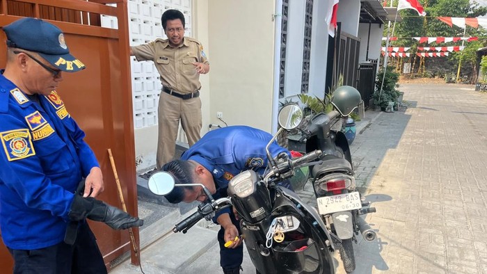Petugas Damkar mengevakuasi ular yang menyelinap di dalam body motor.