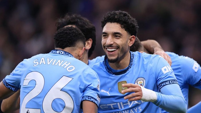 MANCHESTER, ENGLAND - FEBRUARY 15: Omar Marmoush of Manchester City (R) celebrates with Savinho of Manchester City after scoring their 3rd goal during the Premier League match between Manchester City FC and Newcastle United FC at Etihad Stadium on February 15, 2025 in Manchester, England. (Photo by Simon Stacpoole/Offside/Offside via Getty Images)