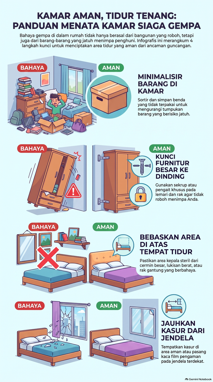 Tips simpan barang di kamar tidur buat antisipasi gempa.
