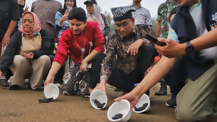 Bupati Trenggalek, Mochamad Nur Arifin dan Rektor Universitas Brawijaya, Prof Widodo melepas penyu di Pantai Taman Kili-klili