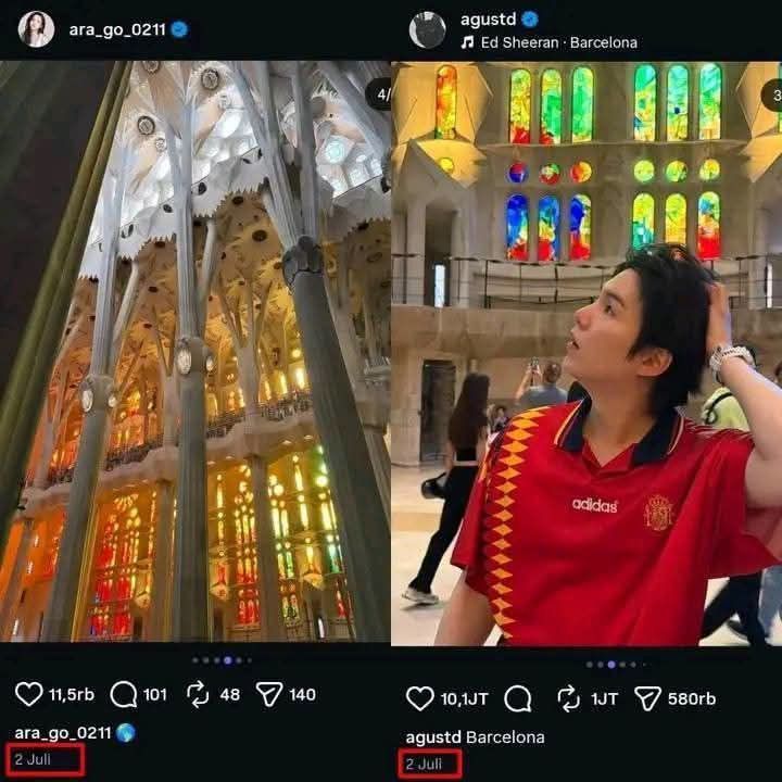 Suga BTS dan Go Ara digosipkan berpacaran kemiripan foto mereka saat berlibur ke Barcelona, Spanyol. Keduanya juga terlihat memakai atasan panjang Chrome Hearts yang sama. Suga BTS dan Go Ara digosipkan berpacaran kemiripan foto mereka saat berlibur ke Barcelona, Spanyol.