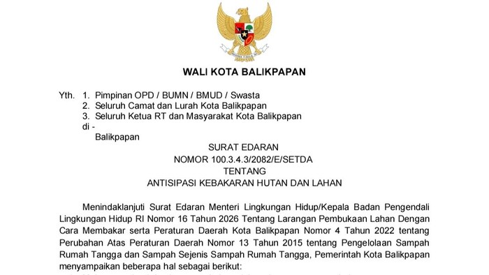 Surat Edaran tentang Antisipasi Kebakaran Hutan dan Lahan (Karhutla) di Kota Balikpapan, Kalimantan Timur. (Foto: tangkapan layar surat edaran Wali Kota Balikpapan).