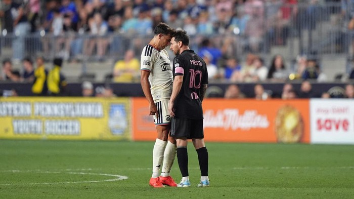 Aug 19, 2026; Chester, Pennsylvania, USA; Philadelphia Union midfielder Quinn Sullivan (33) and Inter Miami CF forward Lionel Messi (10) react in the second half at Subaru Park. Mandatory Credit: Kyle Ross-Imagn Images