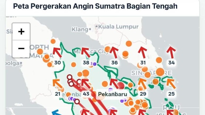 Peta pergerakan angin memperlihatkan potensi asap mengarah ke Riau
