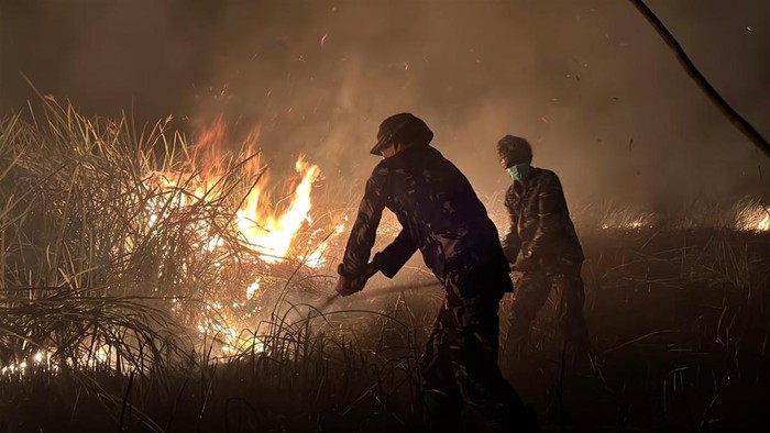 Petugas saat memadamkan kebakaran di Taman Nasional Way Kambas