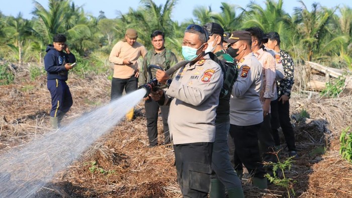 Polri-TNI hingga Masyarakat Peduli Api (MPA) turun memadamkan karhutla di Rohil, Minggu (23/8/2026).