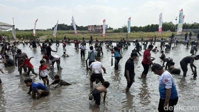 Serunya Warga Kediri Berebut Tangkap Belut di Sawah