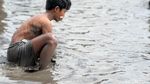 Serunya Warga Kediri Berebut Tangkap Belut di Sawah