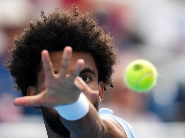 Aug 23, 2026; Cincinnati, OH, USA;  Arthur Fils (FRA) follows the ball in play as he returns a shot against Frances Tiafoe (USA) during the finals of the Cincinnati Open at Lindner Family Tennis Center. Mandatory Credit: Aaron Doster-Imagn Images