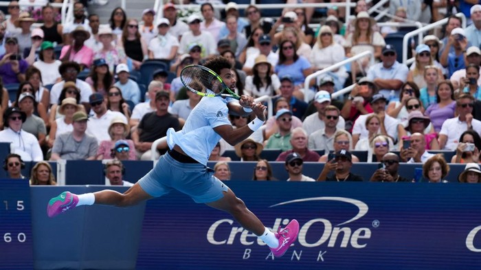 Aug 23, 2026; Cincinnati, OH, USA;  Arthur Fils (FRA) follows the ball in play as he returns a shot against Frances Tiafoe (USA) during the finals of the Cincinnati Open at Lindner Family Tennis Center. Mandatory Credit: Aaron Doster-Imagn Images