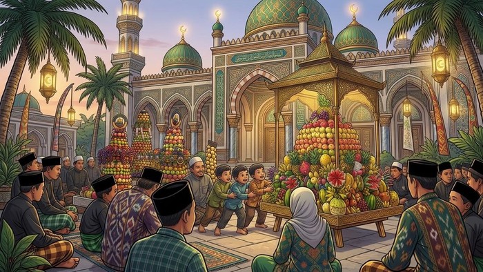Ilustrasi Malam Cocogan tradisi Maulid Nabi di Bangkalan.