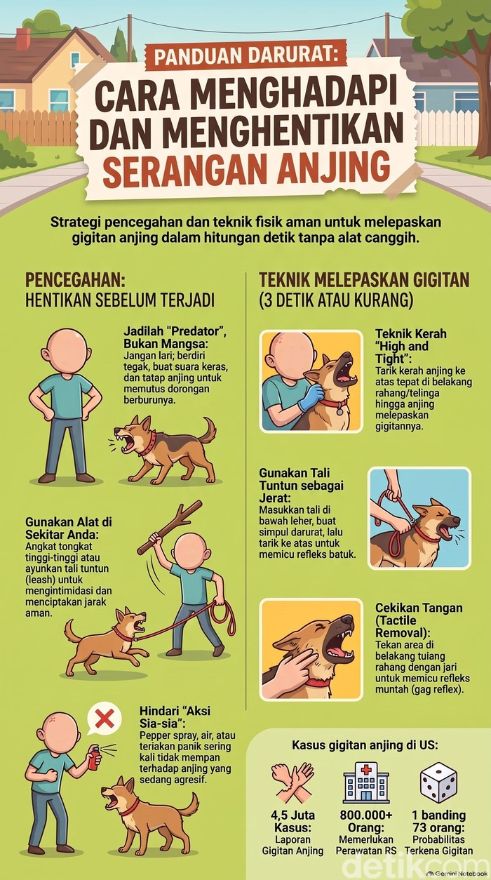 Infografik cara menghadapi dan menghentikan serangan anjing