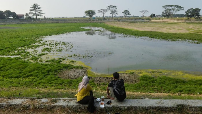 Warga mengendarai sepeda listrik di kawasan Waduk Sumur Karang yang mengering di Kronjo, Kabupaten Tangerang, Banten, Senin (24/8/2026). Waduk seluas 5,7 hektare yang berperan sebagai irigasi lahan pertanian tersebut mengalami kekeringan sejak sebulan terakhir akibat musim kemarau. ANTARA FOTO/Putra M. Akbar