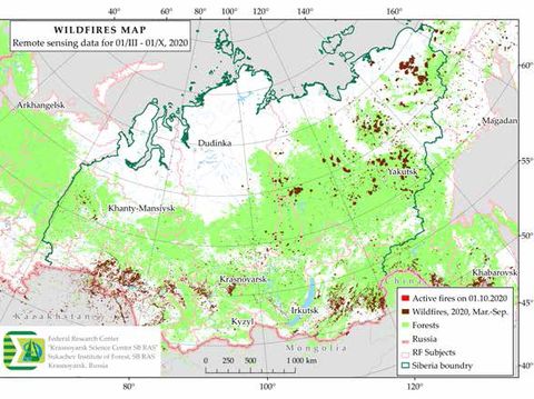 Peta menunjukkan sebaran area kebakaran di Siberia sepanjang Maret hingga September 2020 berdasarkan pemantauan satelit. Titik dan area berwarna gelap menunjukkan wilayah yang terbakar, dengan konsentrasi kebakaran terlihat di sejumlah kawasan Siberia tengah dan timur.