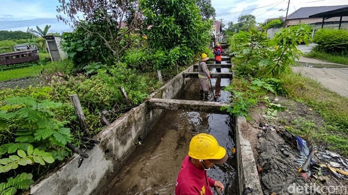 Petugas membersihkan saluran drainase di Kobar yang masih ada airnya