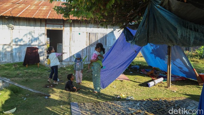 Trauma Gempa, Warga Nagekeo NTT Pilih Tidur di Tenda Tati mencoba menidurkan anaknya menggunakan kelambu di tenda darurat yang dibuatnya di halaman rumah Nagekeo, Nusa Tenggara Timur, Senin (24/8/2026).