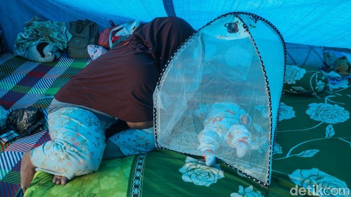 Tati mencoba menidurkan anaknya menggunakan kelambu di tenda darurat yang dibuatnya di halaman rumah Nagekeo, Nusa Tenggara Timur, Senin (24/8/2026).