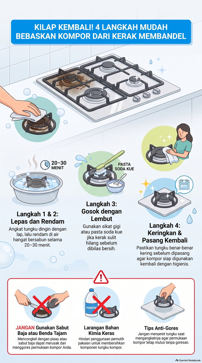 Cara bersihkan kompor berkerak.