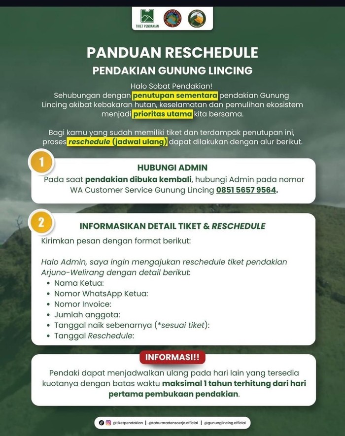 Cara reschedule tiket Gunung Lincing