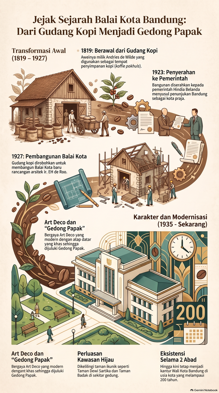 Infografis jejak sejarah Balai Kota Bandung.