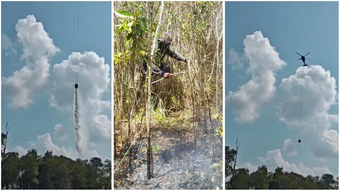 Pemadaman di TNWK dengan helikopter water bombing.