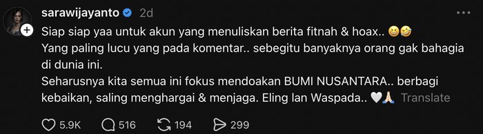 Sara Wijayanto dalam akun Threads