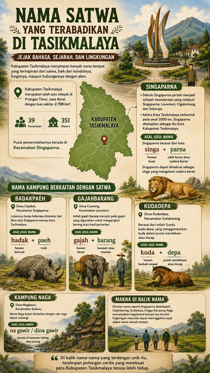 Infografis nama daerah unik di Tasikmalaya.